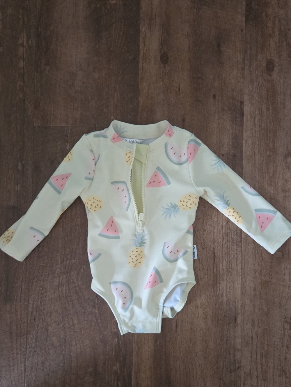 Gerber Pastel Yellow Long-Sleeve One-Piece SPF / UPF Swimsuit with Fruit Print